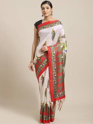 Green printed art silk saree with blouse 1