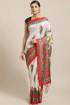 Green printed art silk saree with blouse
