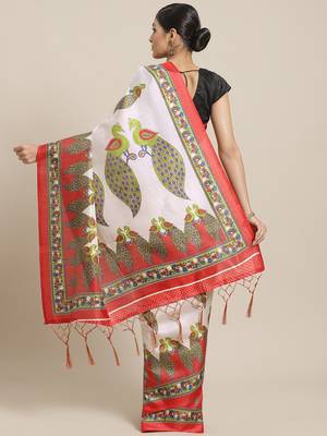 Green printed art silk saree with blouse 2