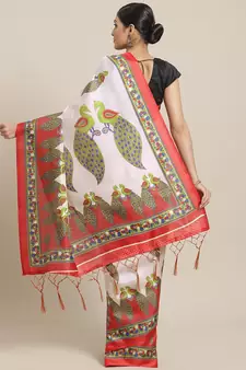 Green printed art silk saree with blouse