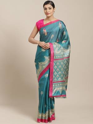Multicolor printed art silk saree with blouse 1
