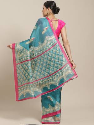 Multicolor printed art silk saree with blouse 2