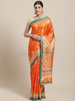 Orange printed art silk saree with blouse 1