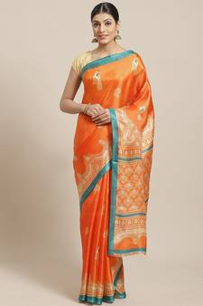 Orange printed art silk saree with blouse
