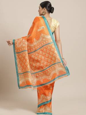 Orange printed art silk saree with blouse 2