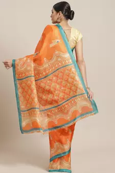 Orange printed art silk saree with blouse