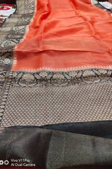 orange Handcrafted Banarsi Silk Linen Saree with contrast border