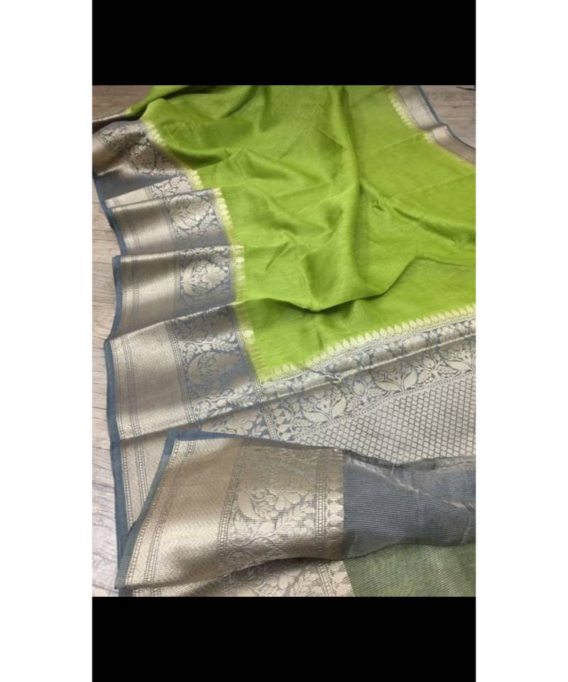 green Handcrafted Banarsi Silk Linen Saree with contrast border