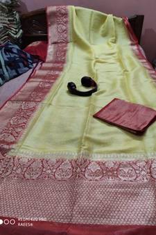 green Handcrafted Banarsi Silk Linen Saree with contrast border