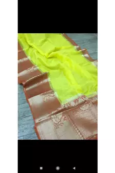 green Handcrafted Banarsi Silk Linen Saree with contrast border
