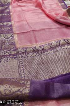 pink Handcrafted Banarsi Silk Linen Saree with contrast border