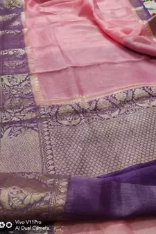 pink Handcrafted Banarsi Silk Linen Saree with contrast border