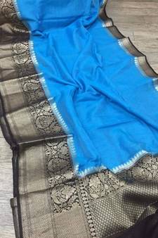 blue Handcrafted Banarsi Silk Linen Saree with contrast border