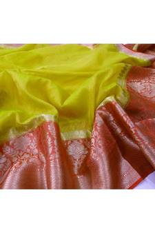 yellow Handcrafted Banarsi Silk Linen Saree with contrast border