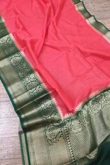 red Handcrafted Banarsi Silk Linen Saree with contrast border