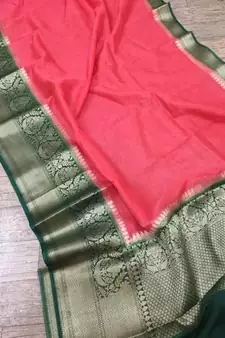 red Handcrafted Banarsi Silk Linen Saree with contrast border