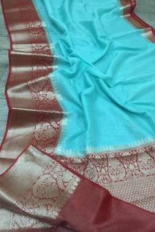 blue Handcrafted Banarsi Silk Linen Saree with contrast border