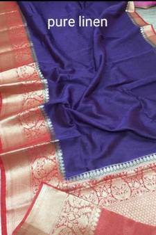 blue Handcrafted Banarsi Silk Linen Saree with contrast border