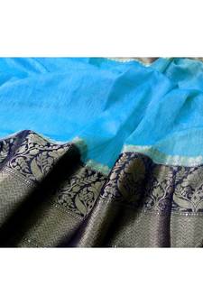 blue Handcrafted Banarsi Silk Linen Saree with contrast border