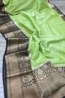 green Handcrafted Banarsi Silk Linen Saree with contrast border