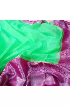 green Handcrafted Banarsi Silk Linen Saree with contrast border