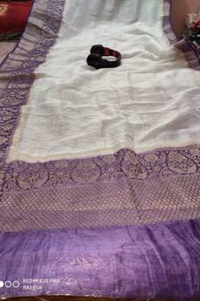 white Handcrafted Banarsi Silk Linen Saree with contrast border