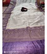 white Handcrafted Banarsi Silk Linen Saree with contrast border