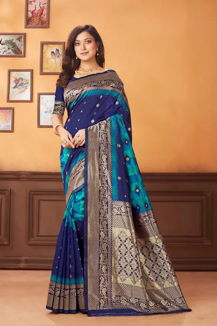 Blue woven banarasi saree with blouse