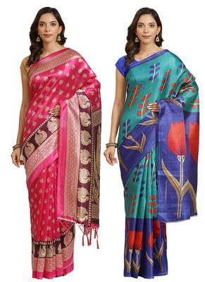 Multicolor printed art silk saree with blouse 1