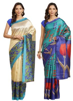 Multicolor printed art silk saree with blouse 1