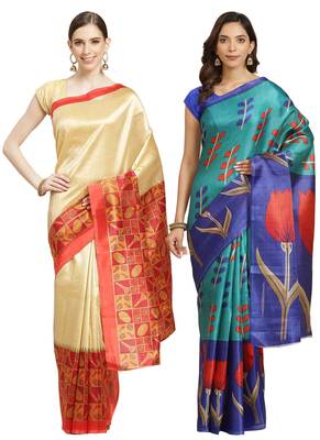 Multicolor printed art silk saree with blouse 1