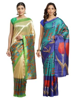 Multicolor printed art silk saree with blouse 1