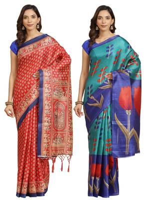Multicolor printed art silk saree with blouse 1