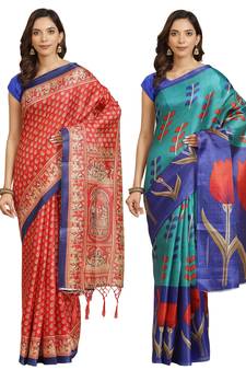 Multicolor printed art silk saree with blouse