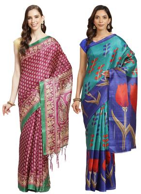 Multicolor printed art silk saree with blouse 1