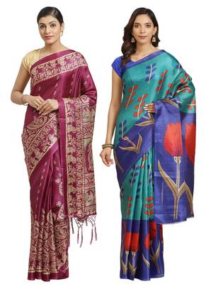 Multicolor printed art silk saree with blouse 1