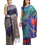 Multicolor printed art silk saree with blouse