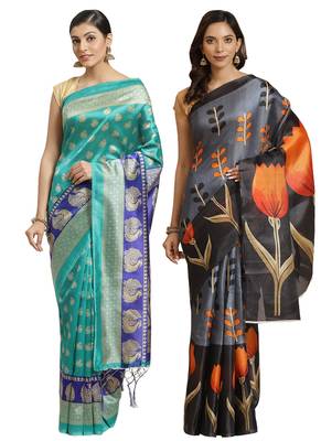 Multicolor printed art silk saree with blouse 1