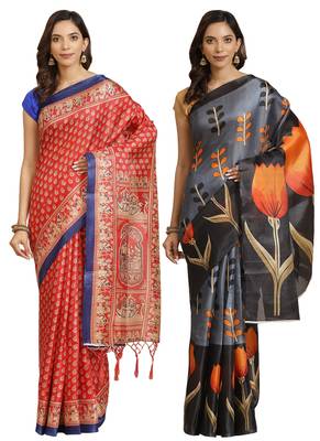 Multicolor printed art silk saree with blouse 1