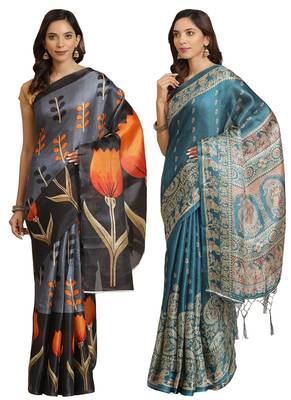 Multicolor printed art silk saree with blouse 1