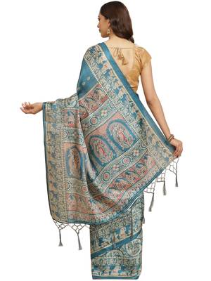 Multicolor printed art silk saree with blouse 3