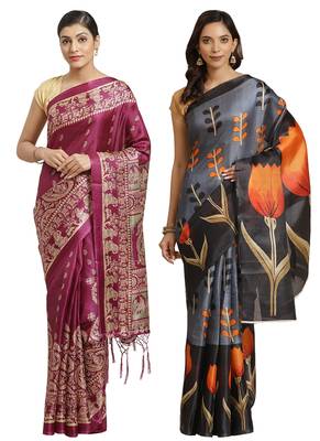 Multicolor printed art silk saree with blouse 1