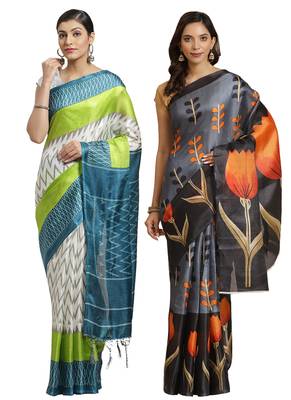 Multicolor printed art silk saree with blouse 1