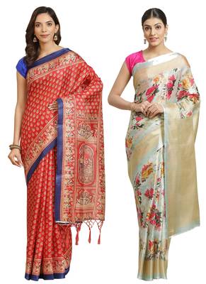 Multicolor printed art silk saree with blouse 1