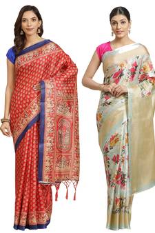 Multicolor printed art silk saree with blouse