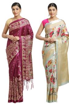 Multicolor printed art silk saree with blouse