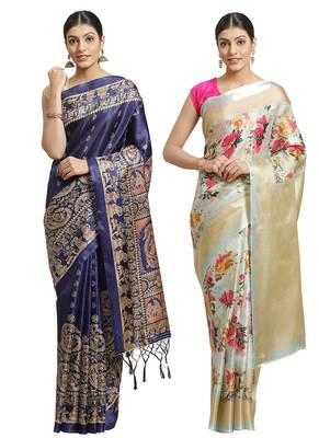 Multicolor printed art silk saree with blouse 1