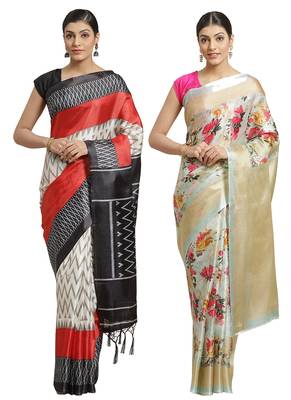 Multicolor printed art silk saree with blouse 1