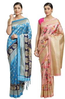 Multicolor printed art silk saree with blouse