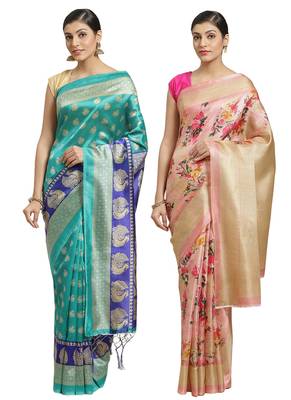 Multicolor printed art silk saree with blouse 1